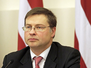 Latvia's Prime Minister Valdis Dombrovskis listens during a news conference in Riga