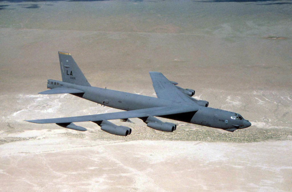 -In a conventional conflict, the B-52 can perform air interdiction, offensive counter-air and maritime operations. During Desert Storm, B-52s delivered 40 percent of all the weapons dropped by coalition forces. It is highly effective when used for ocean surveillance, and can assist the U.S. Navy in anti-ship and mine-laying operations. Two B-52s, in two hours, can monitor 140,000 square miles (364,000 square kilometers) of ocean surface. All B-52s are equipped with an electro-optical viewing system that uses platinum silicide forward-looking infrared and high resolution low-light-level television sensors to augment the targeting, battle assessment, flight safety and terrain-avoidance system, thus further improving its combat ability and low-level flight capability. (U.S. Air Force photo)